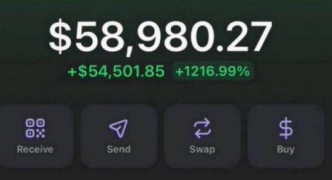 A mobile crypto wallet screen displaying a balance of $58,980.27 with a gain of +$54,501.85 (+1216.99%), featuring buttons for Receive, Send, Swap, and Buy.