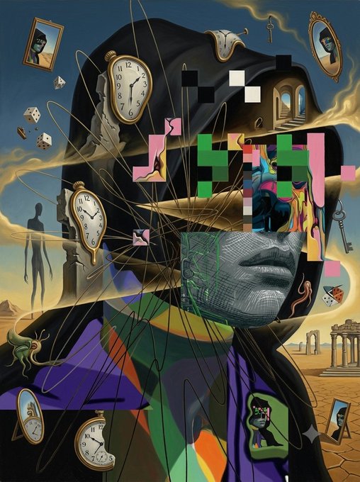 A surreal digital artwork features a hooded figure whose face is pixelated and fragmented, surrounded by floating melting clocks, dice, mirrors, and classical ruins, embodying Salvador Dalí-inspired imagery. The scattered clocks showing various times and the chaotic collage style evoke the "gm legends" sentiment of greeting crypto/NFT community members with a mind-bending, time-warped aesthetic.