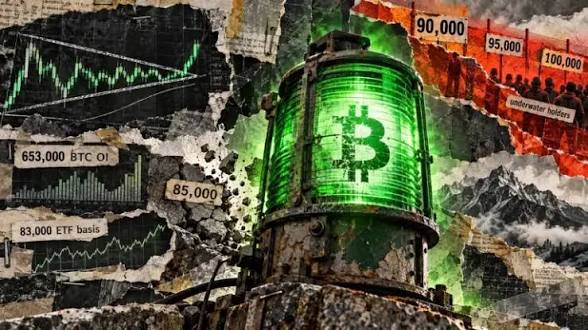 A digital collage featuring a green Bitcoin lantern against a torn-paper background filled with charts, price figures like '90,000' and '95,000,' and labels including 'underwater holders.'