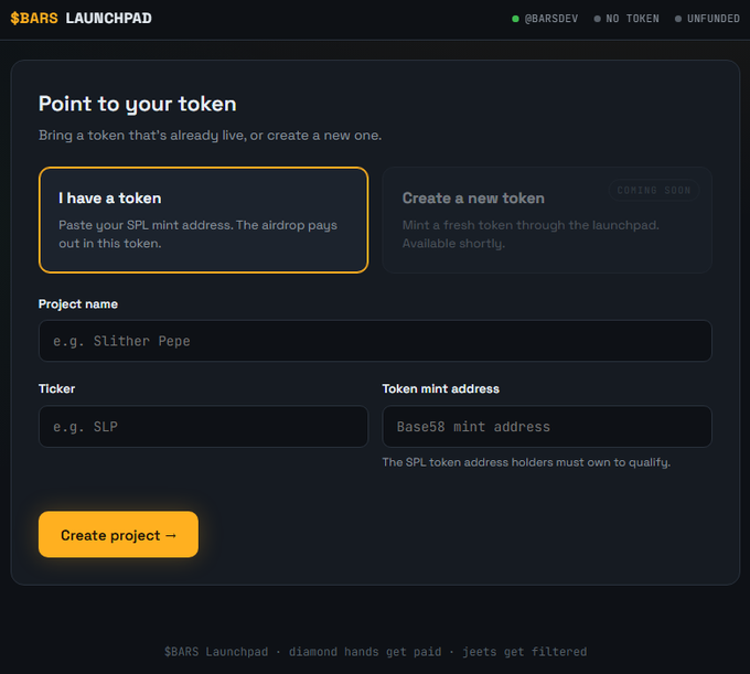 A screenshot of the $BARS Launchpad interface for 'Point to your token,' allowing users to paste an SPL mint address, enter a project name and ticker to create a project.