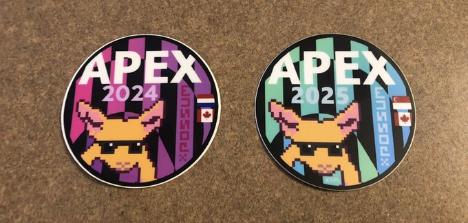 Two APEX Expo stickers — one labeled 'APEX 2024' with pink and purple colors, and another 'APEX 2025' with teal and blue — both featuring pixel-art animals and Canadian flags.