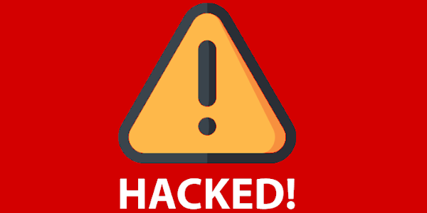 A red warning graphic features a yellow triangle with a black exclamation mark and the bold white text "HACKED!" below it, visually reinforcing the news of Coinsbuy's $7.9 million cryptocurrency breach and the attacker's efforts to launder stolen funds through Monero.