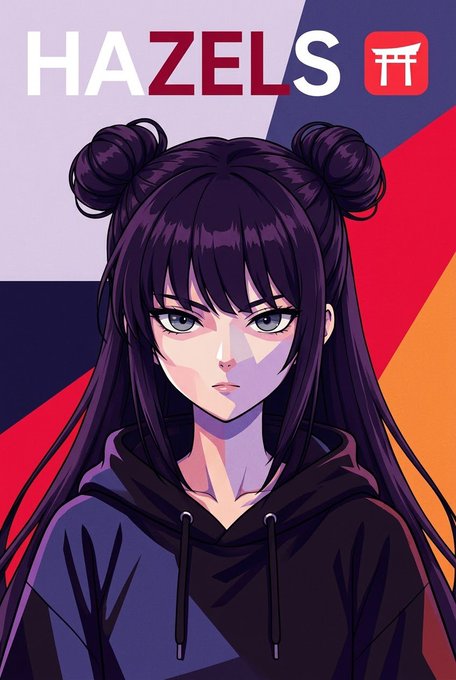 An anime-style illustration of a serious-looking girl with dark purple hair styled in double buns, wearing a dark hoodie, with 'HAZELS' and a torii gate icon in the top corner.