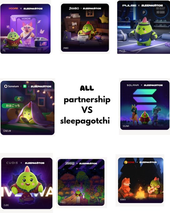 A collage showcasing 'ALL partnership VS sleepagotchi' with various character cards including Mooar, Jambo, Pulse, Sonеum, Solana, Cudis, Pixel, and BNB.