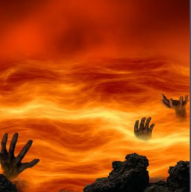 A dramatic, fiery scene showing silhouetted hands reaching up out of churning orange and red molten lava or flames, with dark rocks in the foreground.