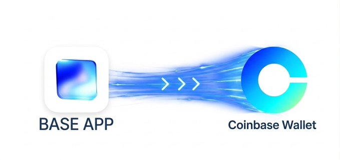 A digital graphic showing a transition or integration from the 'BASE APP' to 'Coinbase Wallet,' illustrated with blue flowing lines and arrows between their logos.