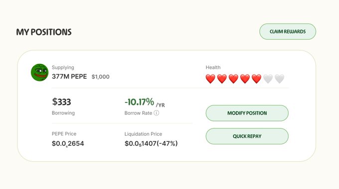 A "My Positions" dashboard from app.purinta.xyz shows a supplying position of 377M PEPE ($1,000) with 3/5 health, borrowing $333 USDC at a -10.17% borrow rate, with PEPE priced at $0.00002654 and a liquidation price of $0.00001407 (-47%). This visually demonstrates the post's point: holding memecoins while borrowing stablecoins against them rather than selling, keeping long-term exposure intact despite the position being deep below its liquidation threshold.