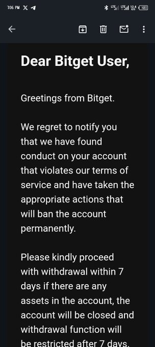 The image shows a black text message or email that reads "Dear Bitget User, We regret to notify you that we have found that your account has been suspended due to violating our terms of service." The message also includes instructions for users on how to proceed with their account after being suspended.