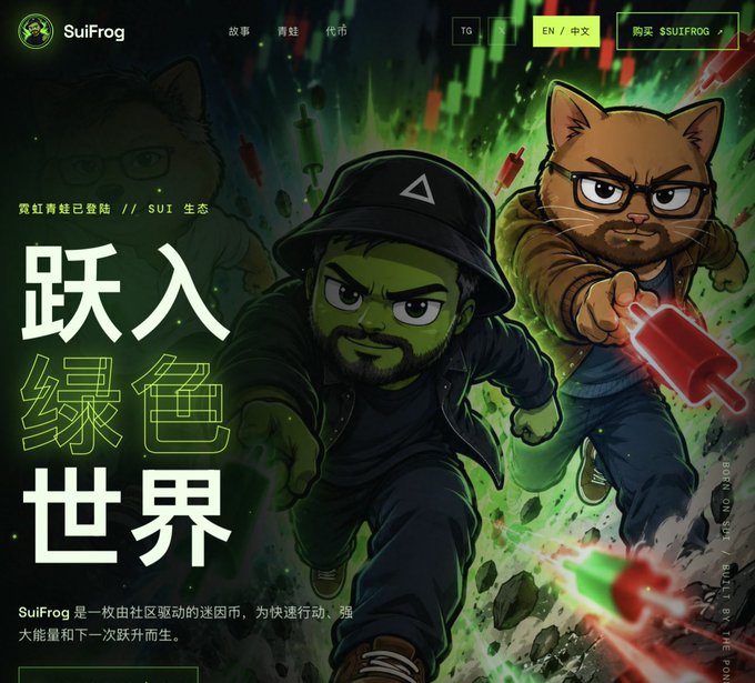 Promotional graphic for SuiFrog cryptocurrency featuring a cartoon man with a bucket hat and an anthropomorphic cat with glasses, with Chinese text "跃入绿色世界" (Jump into the Green World) and branding for SUI ecosystem.