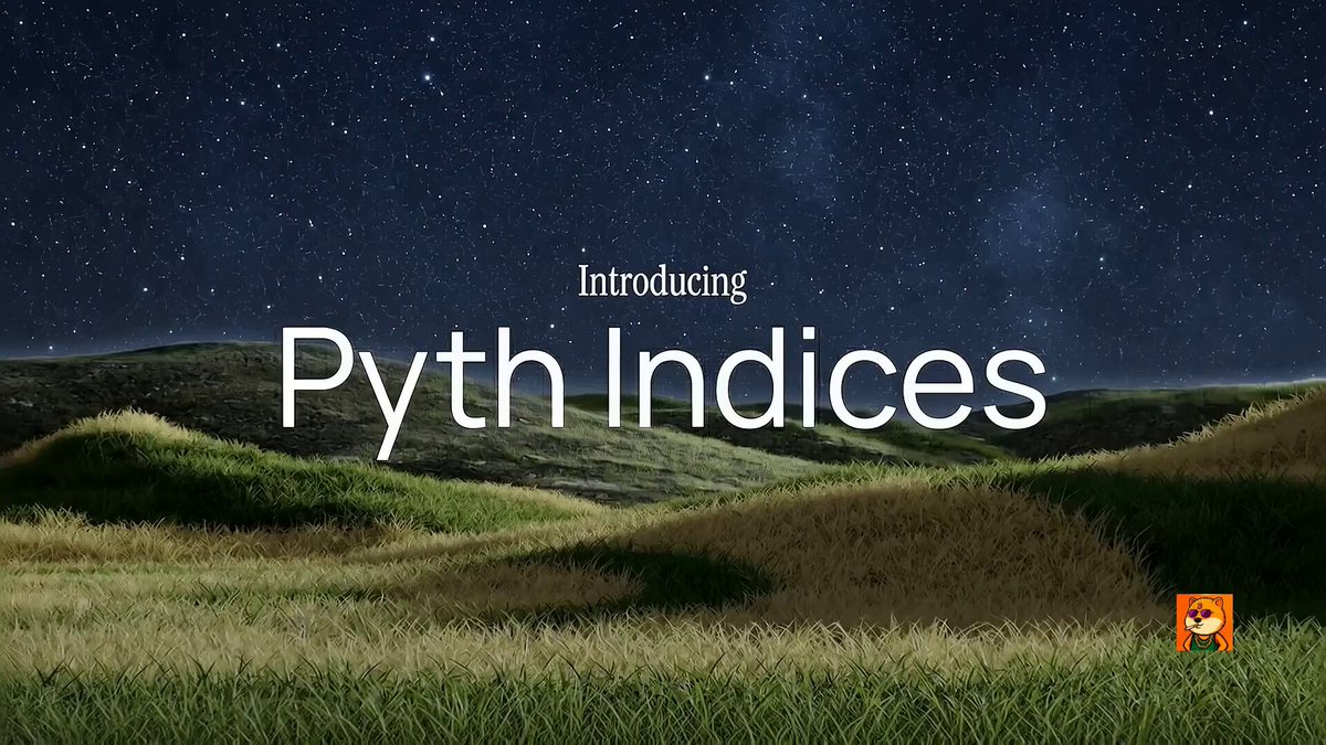 The image shows a night sky with stars and mountains, which serves as an advertisement for the website "Pyth Indices". The text above the image reads "Introducing Pyth Indices", indicating that this platform is now available for use by anyone interested in financial markets. The image also includes a small orange character, possibly representing a symbol or logo related to the platform.