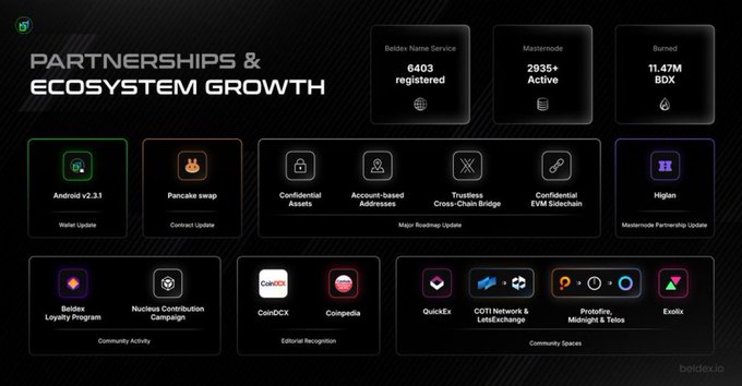 An infographic titled 'Partnerships & Ecosystem Growth' showing statistics like 6403 Betens Name Service registered, 2935+ Mastermode Active, and 11.47M BDX Burned, along with logos for Android v2.31, Pancake swap, Higan, BeDex, and others.