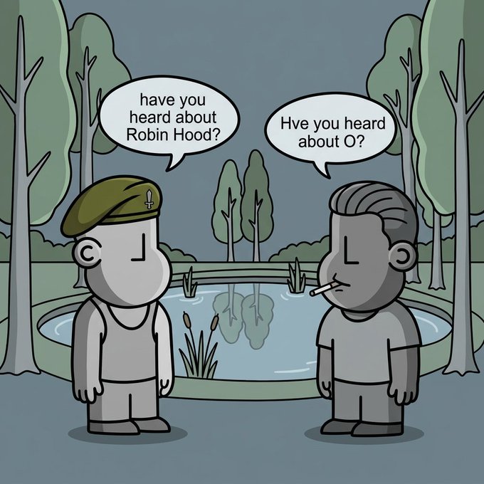 A cartoon in a park setting where a boy in a beret asks 'have you heard about Robin Hood?' while another boy smoking a cigarette responds 'Hve you heard about O?'