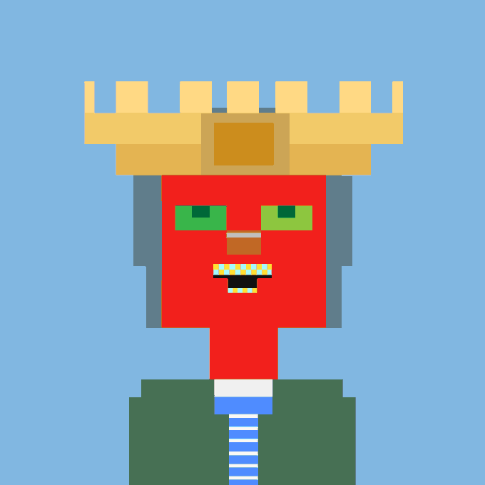 A pixel art character with a red face, green eyes, and a golden crown-like headpiece against a blue background.