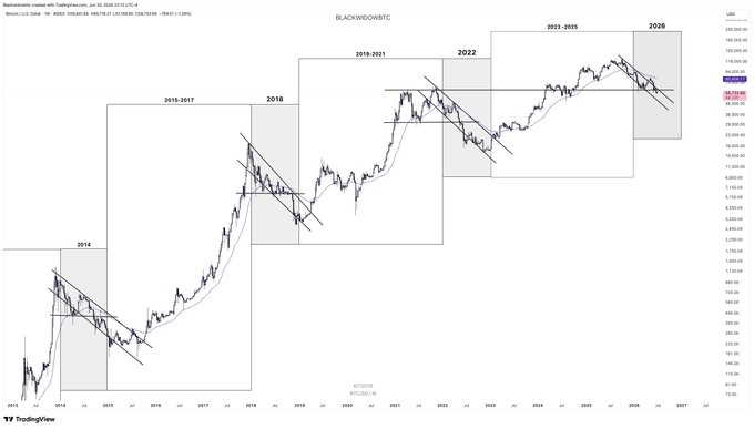 A TradingView chart of BTCUSD on a weekly timeframe from 2014 to 2027, annotated by 'BLACKSWIDOWBTC' with multiple rectangular time-period boxes highlighting market cycles.