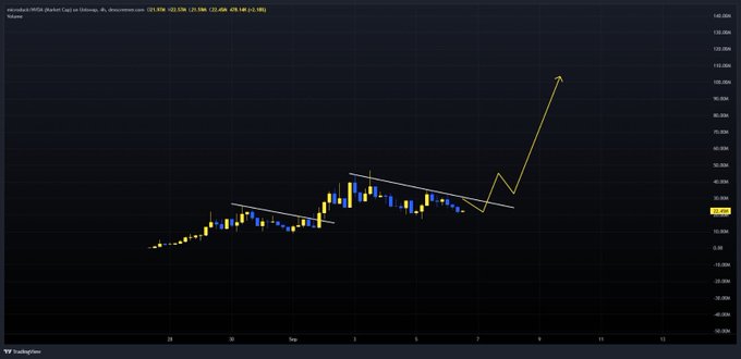 The image shows a TradingView chart of Microbuck (MICRODUCK) displaying its price at 25.55K, with a yellow line projecting a potential breakout toward 100M+ market cap if it surpasses resistance near 25K.

The chart visually supports the post's bullish thesis, with the upward arrow suggesting significant upside potential past the current 25.55K price level to break the 100M market cap milestone.