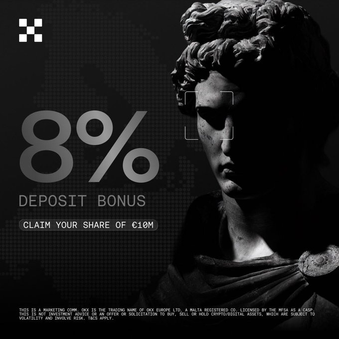 A dark promotional image featuring a classical statue bust with a targeting reticle over its face, advertising an "8% DEPOSIT BONUS" with the text "CLAIM YOUR SHARE OF €10M" from OKX. The image reinforces the post's message about OKX's MiCA licence advantage and the €10 million bonus offer for switching exchanges before the EU deadline.