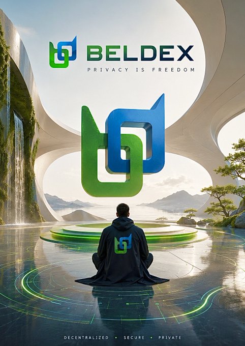 The image is a promotional graphic for Beldex, featuring a person in a hoodie meditating in a futuristic, ethereal landscape beneath a glowing Beldex logo, with the tagline "PRIVACY IS FREEDOM" and bullet points "DECENTRALIZED • SECURE • PRIVATE" at the bottom. The hoodie bears the Beldex logo, visually reinforcing the post's theme of Beldex's enduring resilience and longevity in the crypto space since surviving multiple market downturns since 2018.
