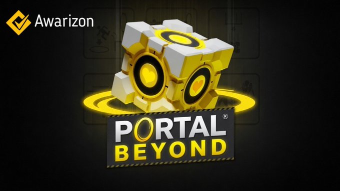 A promotional graphic for 'Awarizon's' new game or service titled 'PORTAL BEYOND', featuring a stylized yellow and black cube with circular patterns on a dark background.