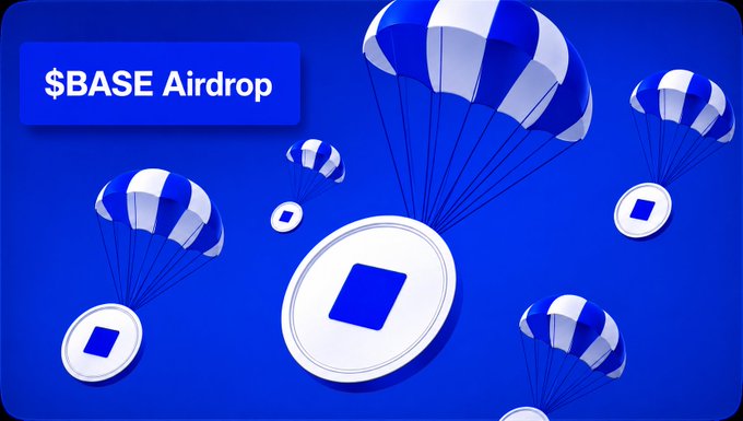 The image features a banner titled "$BASE Airdrop" alongside an illustration of several blue and white parachutes delivering tokens