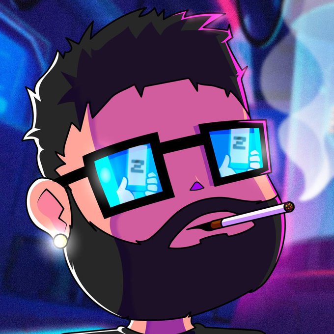 A stylized cartoon illustration of a bearded man with glasses reflecting phone screens and a cigarette in his mouth, set against a neon pink and blue background. The image serves as an avatar or profile visual for the poster promoting the upcoming $VOLT NFT mint on Robinhood, adding a personal, edgy flair to the announcement.