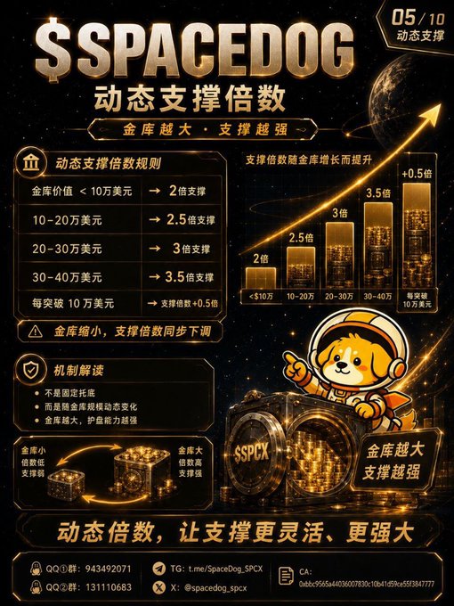 A promotional graphic for '$SPACEDOG' by t.me/SpaceDog_SPCX, detailing a 'Dynamic Support Multiplier' system where vault value determines leverage from 2x to 3.5x+.