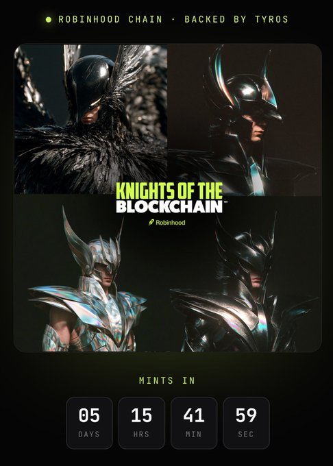 A promotional graphic titled 'KNIGHTS OF THE BLOCKCHAIN' featuring four armored characters and the text 'ROBINHOOD CHAIN • BACKED BY TYROS', with a countdown timer showing 05 days, 15 hours, 41 minutes, 59 seconds.