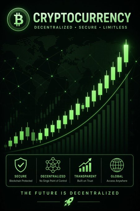 A dark green-themed infographic titled 'CRYPTOCURRENCY' featuring a rising candlestick chart and pillars emphasizing it as secure, decentralized, transparent, and global.