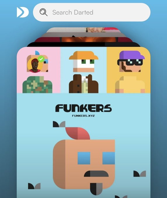 Darted NFT marketplace interface displaying the 'FUNKERS' (funkers.xyz) profile featuring pixel-art character avatars on a light blue background.