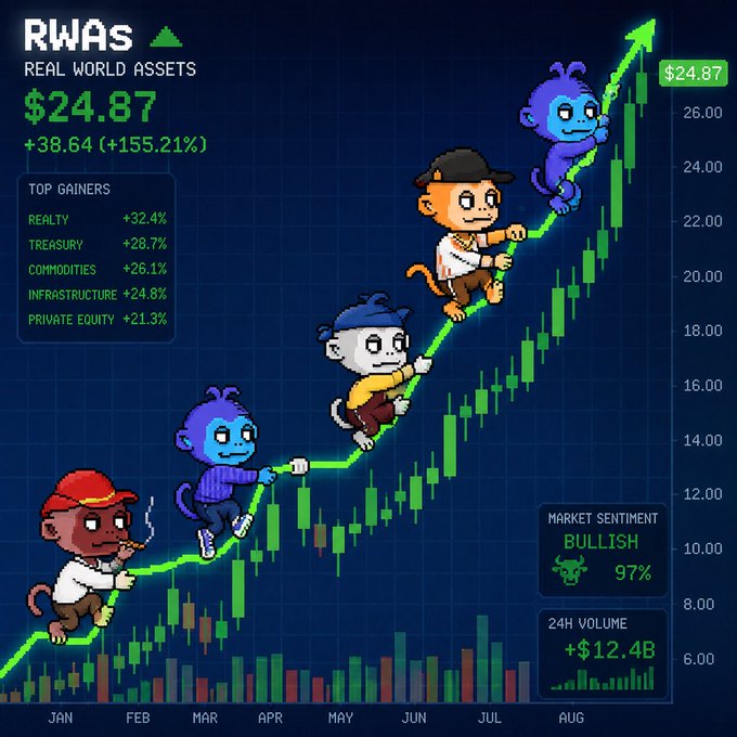 A stock chart titled 'RWAS REAL WORLD ASSETS' shows the price at $24.87, up 155.21% (+38.64), with top gainers including Realty (+32.4%), Treasury (+28.7%), and Commodities (+26.1%). Cartoon monkey characters climb a rising green arrow above the candlestick chart, with bullish market sentiment at 97% and 24H volume of +$12.4B.