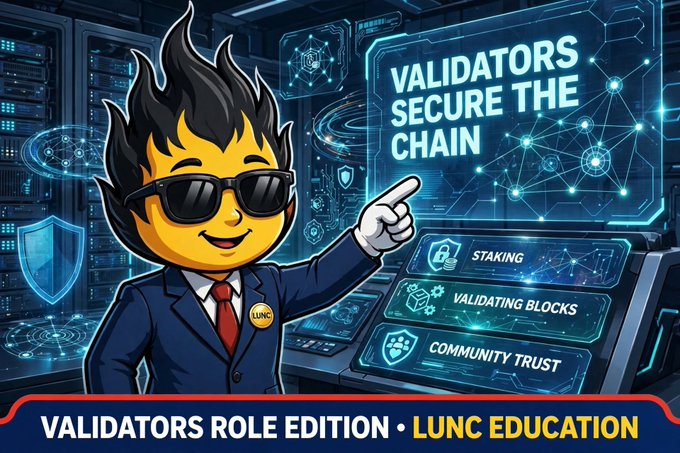 Educational thumbnail featuring a cartoon character with sunglasses pointing at a screen displaying 'VALIDATORS SECURE THE CHAIN' with options for Staking, Validating Blocks, and Community Trust, captioned 'VALIDATORS ROLE EDITION • LUNC EDUCATION'.