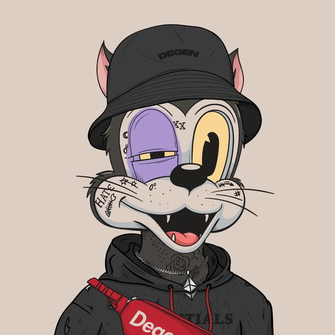 A cartoon-style character with cat ears wearing a black 'DEGEN' bucket hat, featuring heterochromia, face tattoos, fangs, a nose ring, and a red 'Degen' fanny pack over a black hoodie.