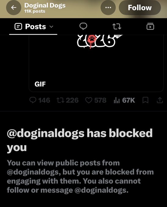 A screenshot of a Twitter/X profile for 'Doginal Dogs' showing 11K posts, with a message stating '@doginaldogs has blocked you' preventing engagement, follows, and messages.