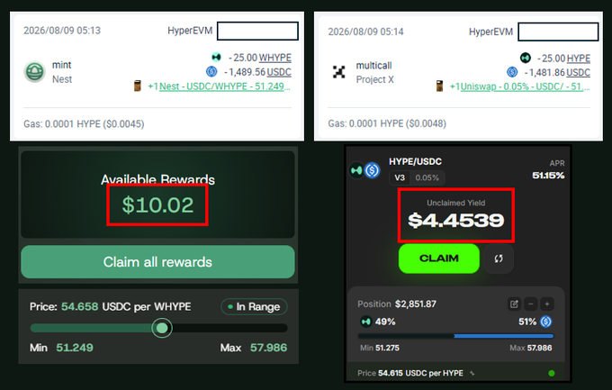 A screenshot of DeFi transactions on HyperEVM, showing a Nest mint and Project X multicall, alongside claimable rewards of $10.02 and unclaimed yield of $4.4539 in the HYPE/USDC pool.