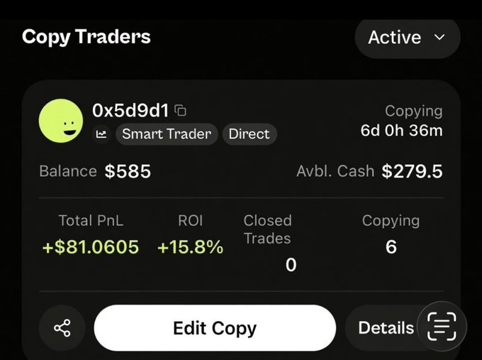 The image shows a screenshot of a cell phone screen with a trading app open. The app displays information about a trading account, including the balance, ROI, and the number of copies made. There are also details about the copy editing process available on the app. The main focus is on the trading activity within the app, which seems to be related to cryptocurrency or stock trading.
