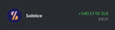 A dark screen displaying the Solstce token logo with ticker SLX, showing a price of $58.05 and a 24-hour change of +540.5118.