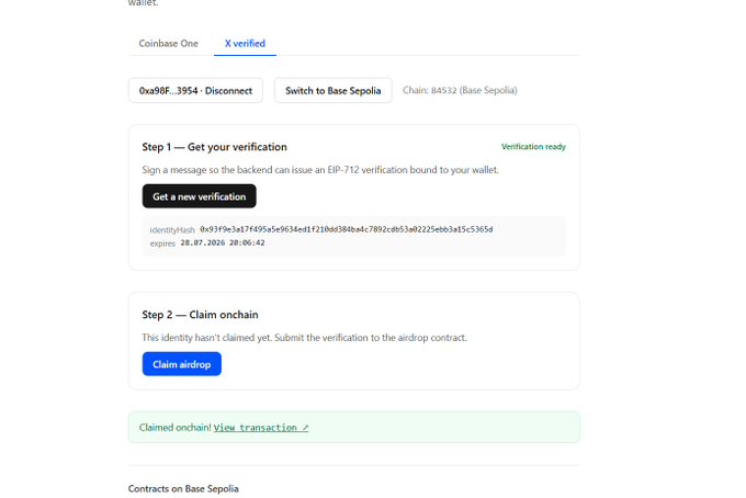 The image displays a "Base Verify Onchain" interface where a wallet address (0xa90F...3954) has successfully completed verification on the Base Sepolia testnet (Chain: 84532), showing both Step 1 "Get your verification" marked as "Verification ready" with an EIP-712 identity hash and expiration timestamp, and Step 2 "Claim airdrop" showing "Claimed onchain" with a green confirmation banner. This screenshot illustrates the sybil-resistant airdrop claim mechanism Base has introduced, allowing users to test the verification and claiming process before the official launch.