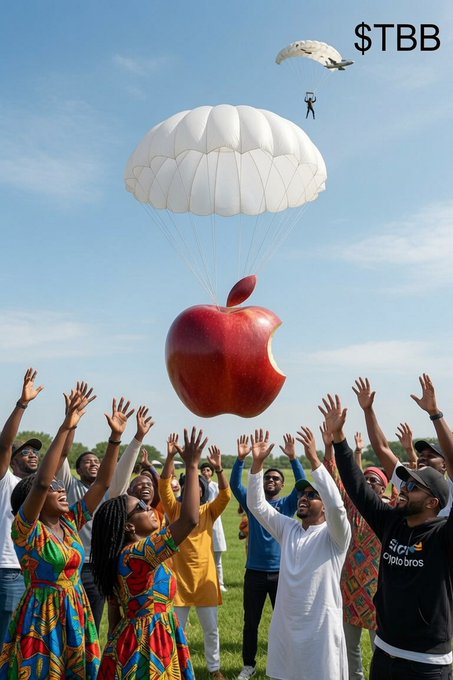 A meme-style image showing a diverse crowd reaching upward as a large red apple descends via a white parachute, with a person parachuting in the background and "$TBB" displayed in the top right corner.