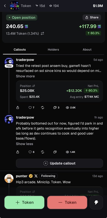 A mobile screenshot of the "Token" memecoin trading page showing an open position worth $25.08K (+$12.30K / +60.3% profit) with a 13.4M market cap at $240.65, featuring two callouts from user "traderpow" discussing their re-entry strategy and belief that the token has bottomed out, which aligns with the post's narrative about identifying overlooked, slow-cooking projects with dedicated developers.