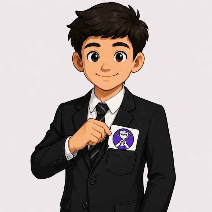 An anime-style illustration of a man in a black suit placing a card with the 'WINA' logo into his breast pocket.