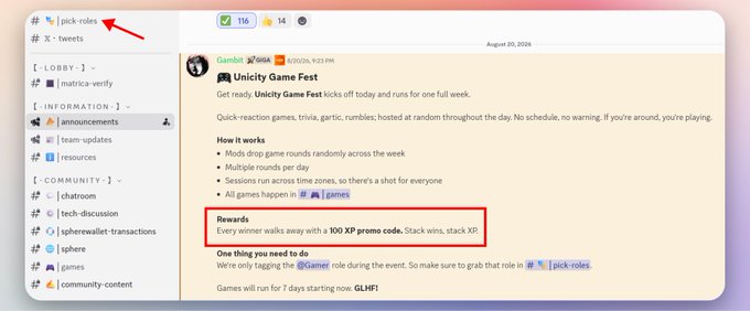 A Discord screenshot showing an announcement in #pick-roles channel about 'Unity Game Fest,' with a red box highlighting that winners will receive a 100 XP promo code.