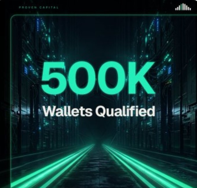 A futuristic digital graphic displaying '500K Wallets Qualified' in large glowing teal text against a dark cyberpunk-style background with neon light streaks, branded 'Proven Capital'.