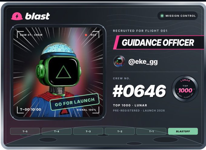 A 'blast' mission control interface showing user '@eke_gg' recruited as 'Guidance Officer' for Flight 001, crew number #0646, with 'TOP 1000 - LUNAR' designation and launch countdown showing T-00:10:00.