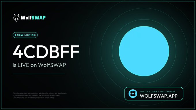 A promotional graphic for WolfSwap announcing that token '4CDBFF' is now live for trading on WolfSWAP.APP.
