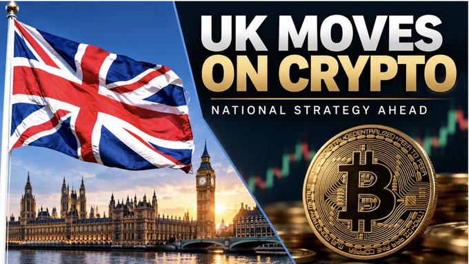A promotional graphic featuring the Union Jack and Houses of Parliament alongside a Bitcoin coin and candlestick chart, headlined "UK MOVES ON CRYPTO – NATIONAL STRATEGY AHEAD." The bold text and imagery visually reinforce the UK House of Lords' support of Amendment 88, signaling momentum toward a formal national digital asset strategy covering crypto and related sectors.