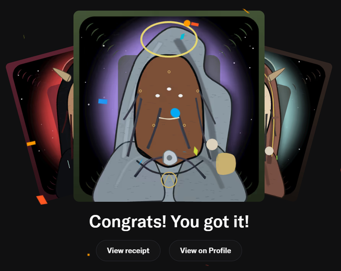 A 'Congrats! You got it!' screen showing an abstract illustration of a figure with a halo, with buttons to 'View receipt' and 'View on Profile.'