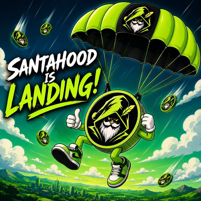 A cartoon Santa coin character parachutes down from a green and black canopy over a cityscape, surrounded by smaller parachuting coins, with bold text reading "SANTAHOOD IS LANDING!" The image visually reinforces the post's message about a strategic "landing" in the market, emphasizing the project's preparedness and the deliberate acquisition of 18% of the SantaHood token supply for burns, symbolizing an incoming and well-coordinated arrival.