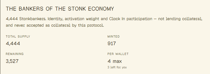The image shows a dashboard for "The Bankers of the Stonk Economy," detailing the Stonkbankers NFT collection with a total supply of 4,444, of which 917 have been minted (leaving 3,527 remaining), with a maximum of 4 per wallet and 3 still available. The data visually supports the post's claim that nearly a quarter of the supply has already been minted, highlighting the project's mint progress and potential accumulated value from these sales.
