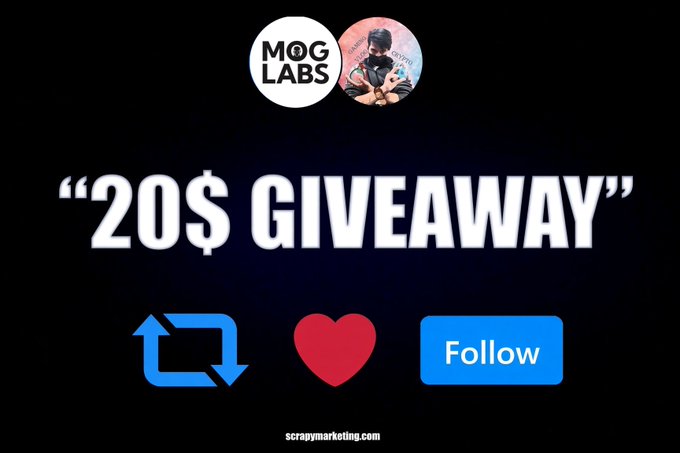 The image promotes a "$20 GIVEAWAY" featuring the MOG LABS logo at the top and a retweet icon, heart, and "Follow" button below, matching the post's instructions to follow @Moglabs and @ScrapyCoCoTV, retweet, like, and tag friends within 48 hours for a chance to win $20 USDT.