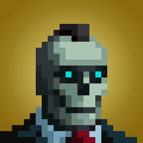 A pixel art character with cyan eyes and dark hair is depicted against a yellow-orange gradient background.