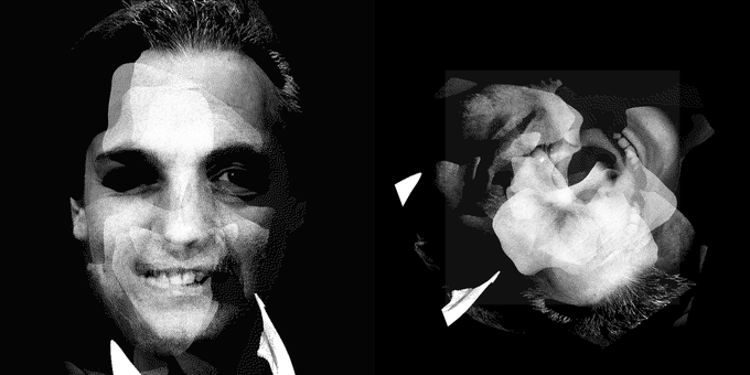 The image presents a striking black-and-white artwork split into two panels: on the left, a stylized, high-contrast portrait of a smiling man with bold graphic shadows, while the right panel features an abstract, distorted floral-like form enclosed within a tilted dark frame against a black background. As part of the "Inflection Points" series by @masteronchain, this 1/1 fully on-chain piece titled "Time Drain" explores transformative moments by juxtaposing a recognizable human figure with an abstracted, decaying shape, visually symbolizing the transition between identity and dissolution.